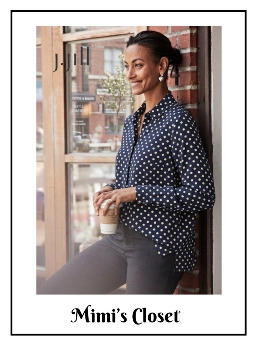 J.JILL WEAREVER COLLECTION Navy/Cream Polka Dot Long Sleeve Button-up Shirt - L